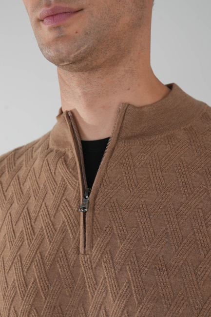 Camel Yarım Balıkçı Yaka Fermuar Detaylı Jakarlı Erkek Triko - 3