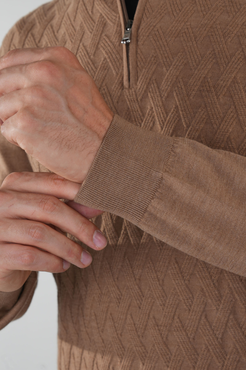 Camel Yarım Balıkçı Yaka Fermuar Detaylı Jakarlı Erkek Triko - 4