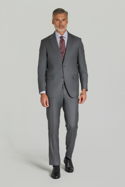 Comfort Fit 6 Drop Dokuma Mono Yaka Çift Yırtmaçlı Gri Erkek Takım Elbise - 1