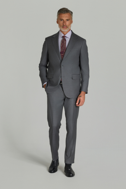 Comfort Fit 6 Drop Dokuma Mono Yaka Çift Yırtmaçlı Gri Erkek Takım Elbise - 2