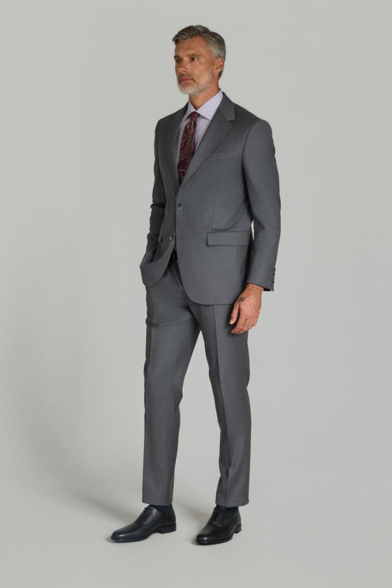 Comfort Fit 6 Drop Dokuma Mono Yaka Çift Yırtmaçlı Gri Erkek Takım Elbise - 3