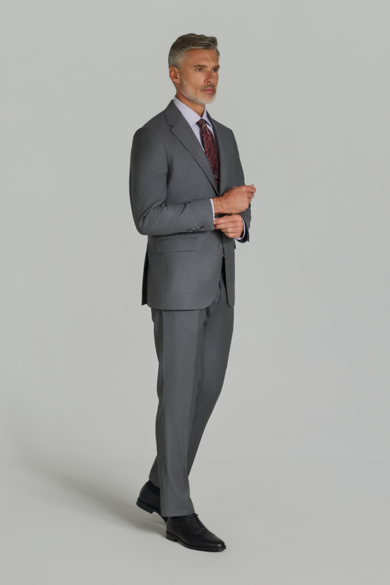 Comfort Fit 6 Drop Dokuma Mono Yaka Çift Yırtmaçlı Gri Erkek Takım Elbise - 4