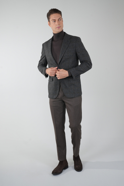 Comfort Fit Antrasit Mono Yaka Çift Yırtmaçlı 6 Drop Erkek Yün Ceket