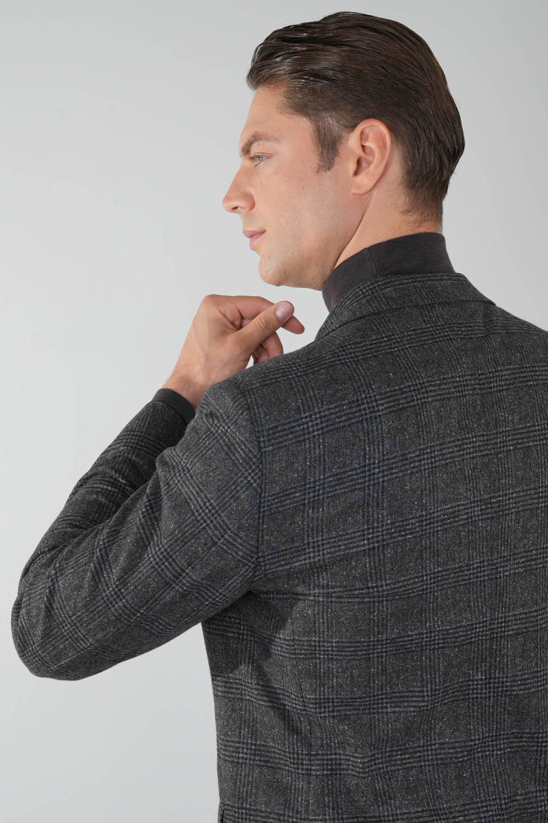 Comfort Fit Antrasit Mono Yaka Çift Yırtmaçlı 6 Drop Erkek Yün Ceket - 3