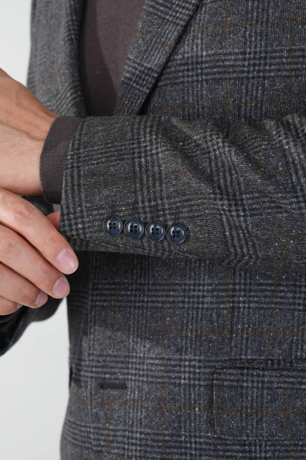 Comfort Fit Antrasit Mono Yaka Çift Yırtmaçlı 6 Drop Erkek Yün Ceket - 4