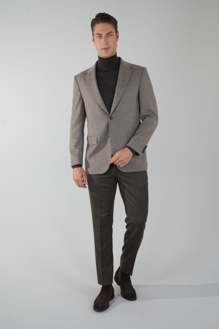 Comfort Fit Bej Mono Yaka Çift Yırtmaçlı 6 Drop Yün  Erkek Ceket - 1