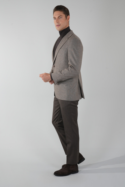 Comfort Fit Bej Mono Yaka Çift Yırtmaçlı 6 Drop Yün  Erkek Ceket - 3