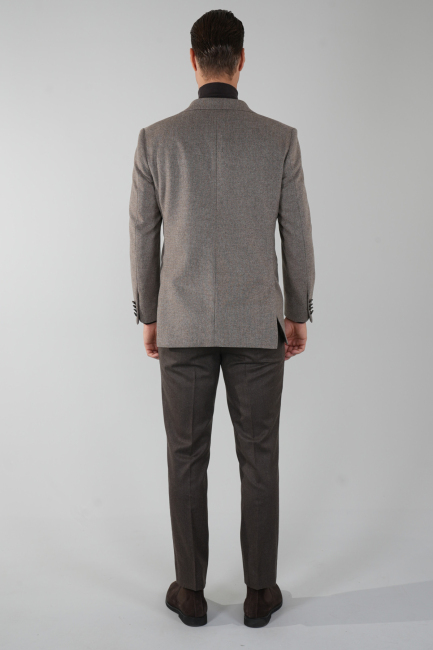 Comfort Fit Bej Mono Yaka Çift Yırtmaçlı 6 Drop Yün  Erkek Ceket - 2
