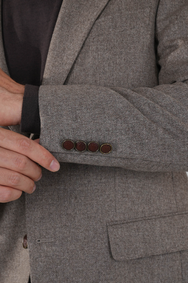 Comfort Fit Bej Mono Yaka Çift Yırtmaçlı 6 Drop Yün  Erkek Ceket - 4