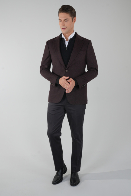 Comfort Fit Bordo Mono Yaka Çift Yırtmaçlı 6 Drop Yün Erkek Ceket 
