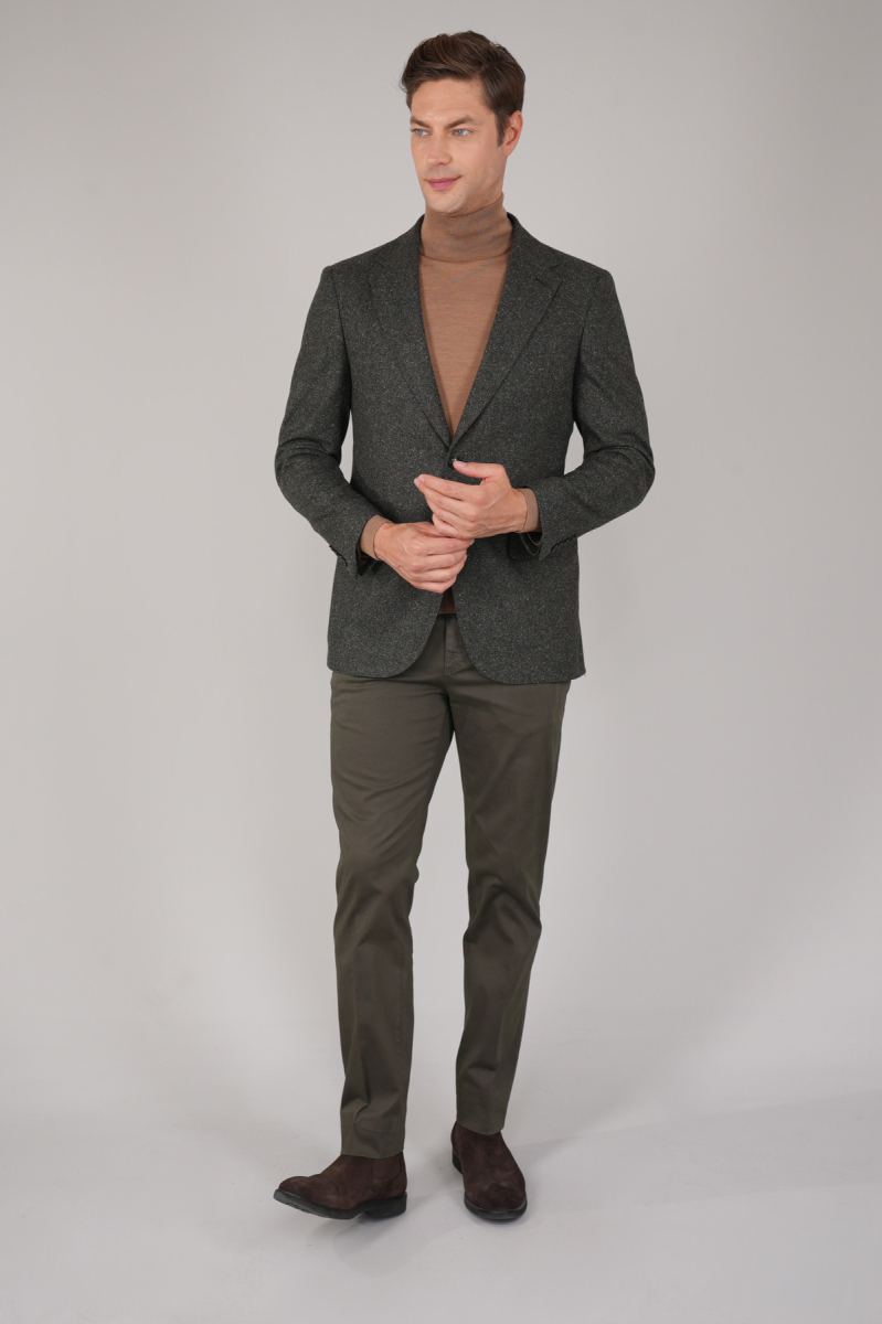 Comfort Fit Haki Mono Yaka Çift Yırtmaçlı 6 Drop Erkek İpek Yün Ceket - 5