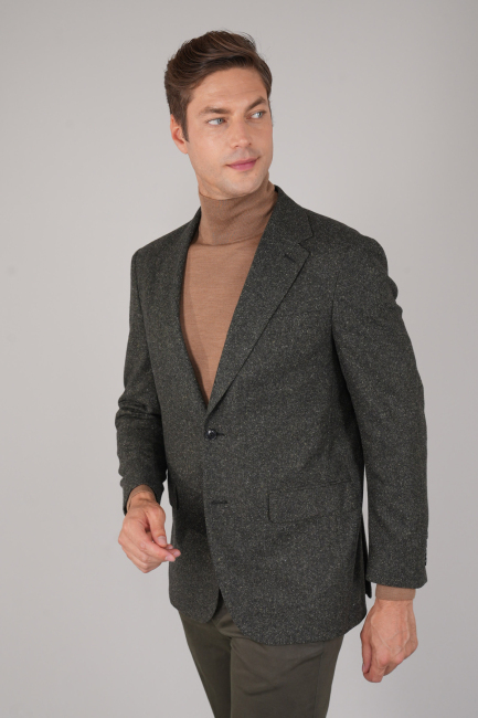 Comfort Fit Haki Mono Yaka Çift Yırtmaçlı 6 Drop Erkek İpek Yün Ceket