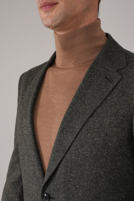 Comfort Fit Haki Mono Yaka Çift Yırtmaçlı 6 Drop Erkek İpek Yün Ceket - 3