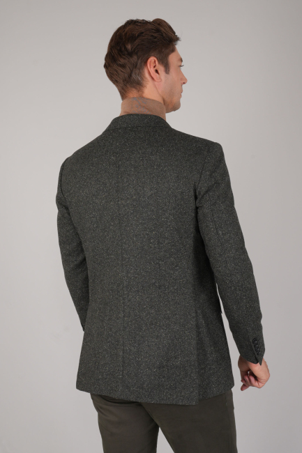 Comfort Fit Haki Mono Yaka Çift Yırtmaçlı 6 Drop Erkek İpek Yün Ceket (1)