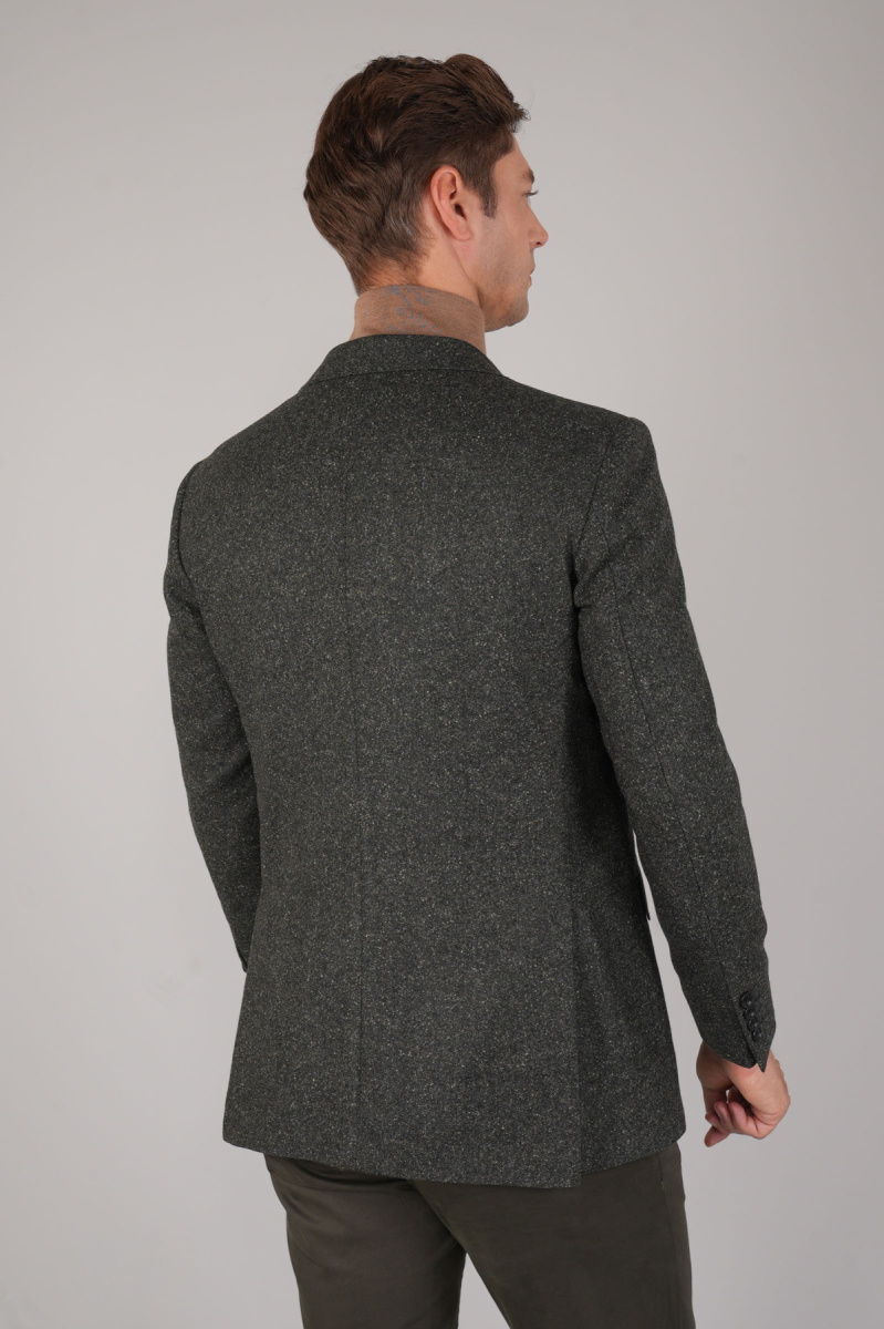 Comfort Fit Haki Mono Yaka Çift Yırtmaçlı 6 Drop Erkek İpek Yün Ceket (1)