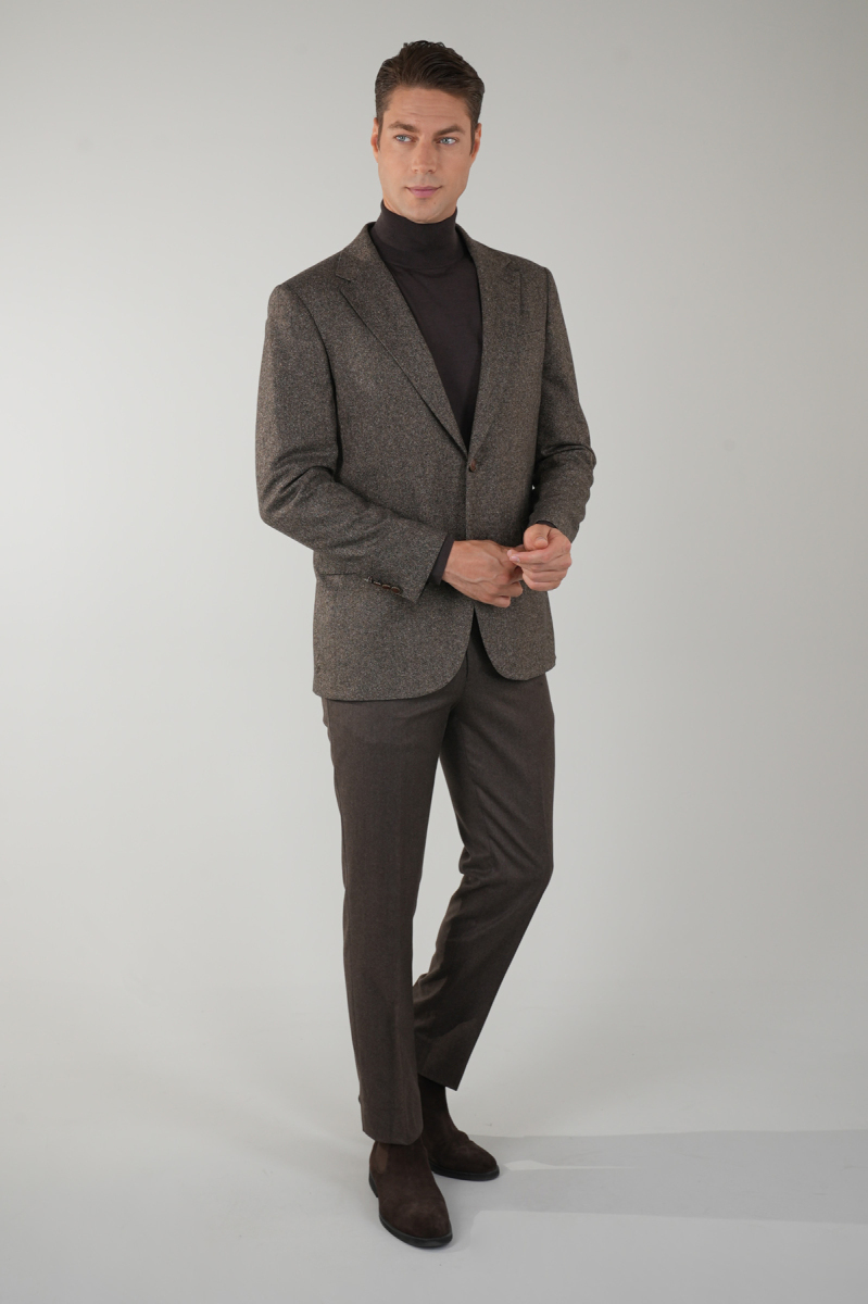 Comfort Fit Kahve Mono Yaka Çift Yırtmaçlı 6 Drop Erkek İpek Yün Ceket