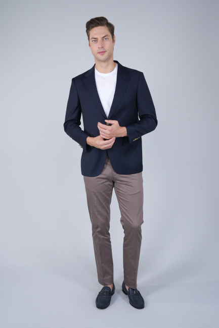 Comfort Fit Lacivert Dokuma Mono Yaka Çift Yırtmaçlı 4 Drop Yün Blazer Erkek Ceket - 5