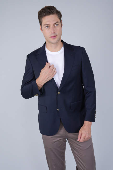 Comfort Fit Lacivert Dokuma Mono Yaka Çift Yırtmaçlı 4 Drop Yün Blazer Erkek Ceket 