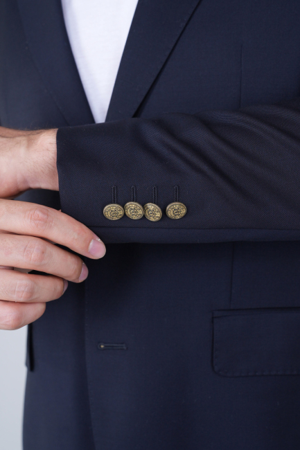 Comfort Fit Lacivert Dokuma Mono Yaka Çift Yırtmaçlı 4 Drop Yün Blazer Erkek Ceket - 4