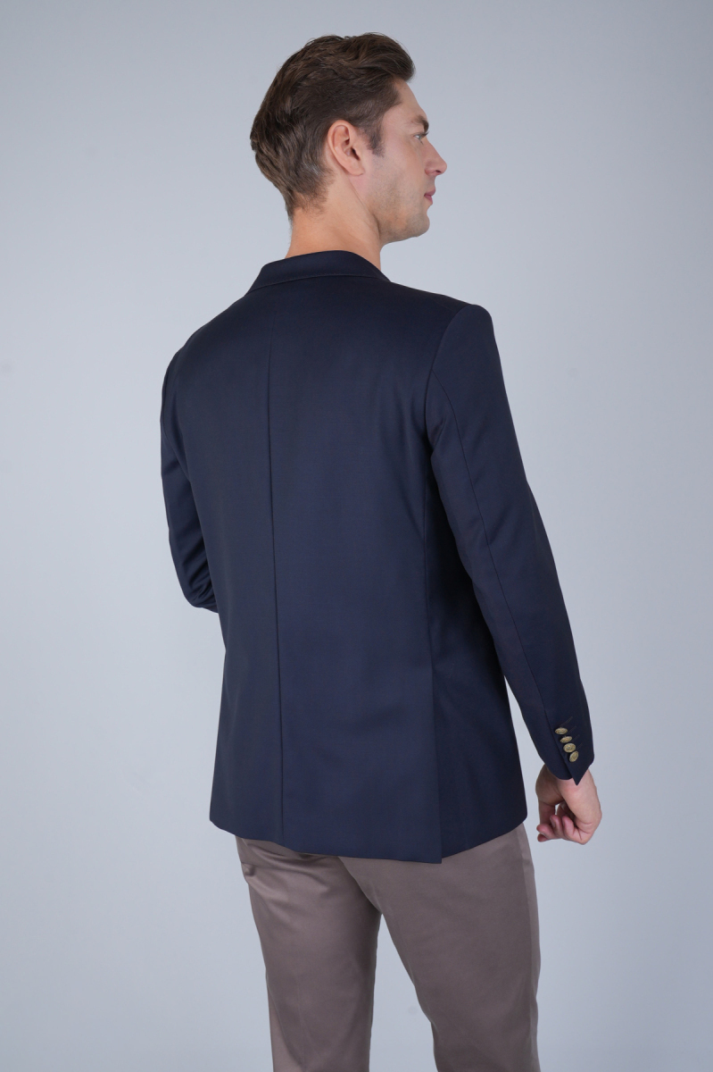 Comfort Fit Lacivert Dokuma Mono Yaka Çift Yırtmaçlı 4 Drop Yün Blazer Erkek Ceket (1)