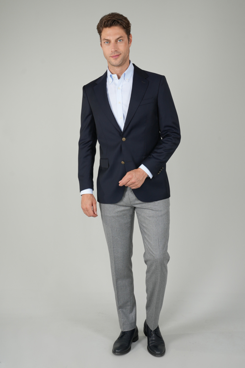 Comfort Fit Lacivert Dokuma Mono Yaka Çift Yırtmaçlı 6 Drop Yün Blazer Erkek Ceket