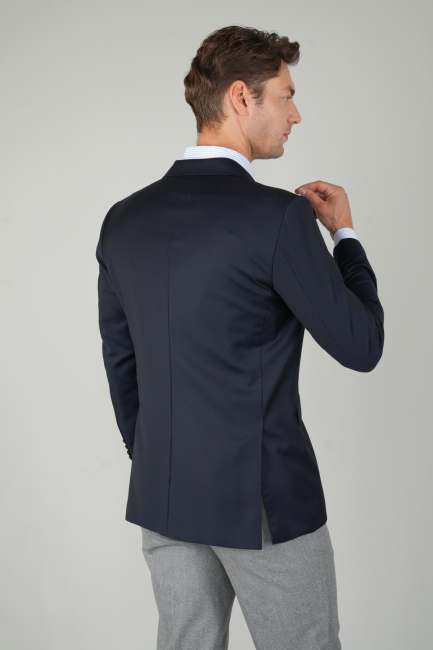 Comfort Fit Lacivert Dokuma Mono Yaka Çift Yırtmaçlı 6 Drop Yün Blazer Erkek Ceket - 2