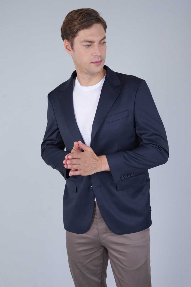 Comfort Fit Lacivert Mono Yaka Çift Yırtmaçlı 4 Drop Erkek Yün Ceket