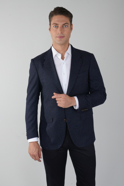 Comfort Fit Lacivert Mono Yaka Çift Yırtmaçlı 6 Drop Erkek İpek Yün Ceket 