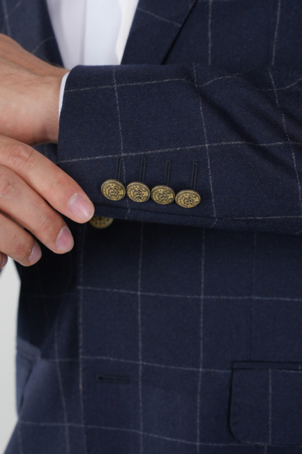 Comfort Fit Lacivert Mono Yaka Çift Yırtmaçlı 6 Drop Yün Kaşmir Erkek Ceket - 4