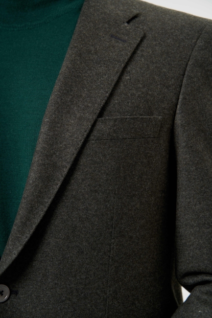 Comfort Fit Mono Yaka 6 Drop Haki Erkek Yün Ceket - 3