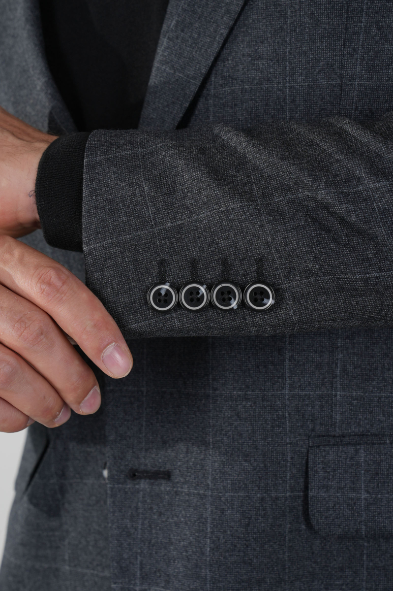Comfort Fit Mono Yaka Çift Yırtmaç 6 Drop Koyu Gri Erkek Yün Ceket - 4