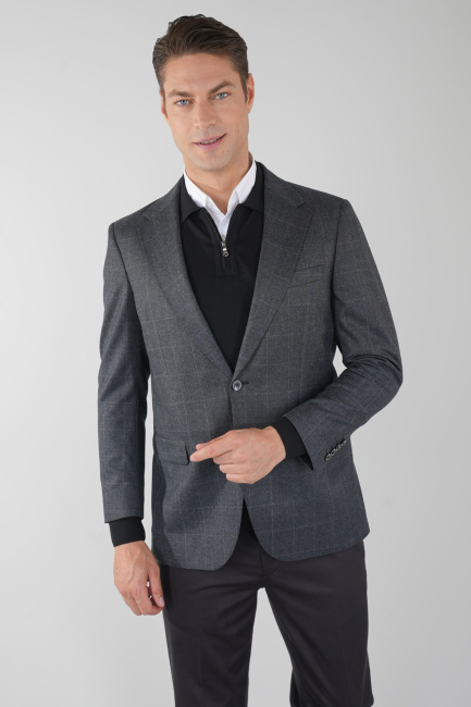 Comfort Fit Mono Yaka Çift Yırtmaç 6 Drop Koyu Gri Erkek Yün Ceket - 6