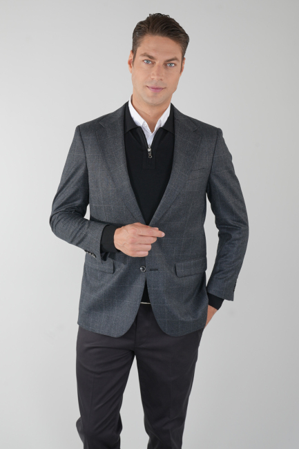 Comfort Fit Mono Yaka Çift Yırtmaç 6 Drop Koyu Gri Erkek Yün Ceket - 1