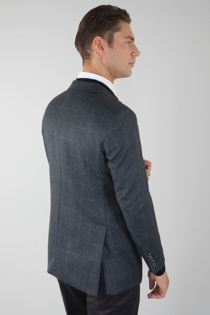 Comfort Fit Mono Yaka Çift Yırtmaç 6 Drop Koyu Gri Erkek Yün Ceket - 2