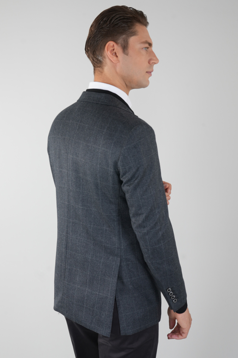 Comfort Fit Mono Yaka Çift Yırtmaç 6 Drop Koyu Gri Erkek Yün Ceket (1)