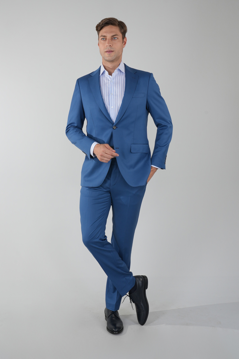 Comfort Fit Mono Yaka Drop 6 Çift Yırtmaçlı Açık Lacivert Erkek Yün Takım Elbise