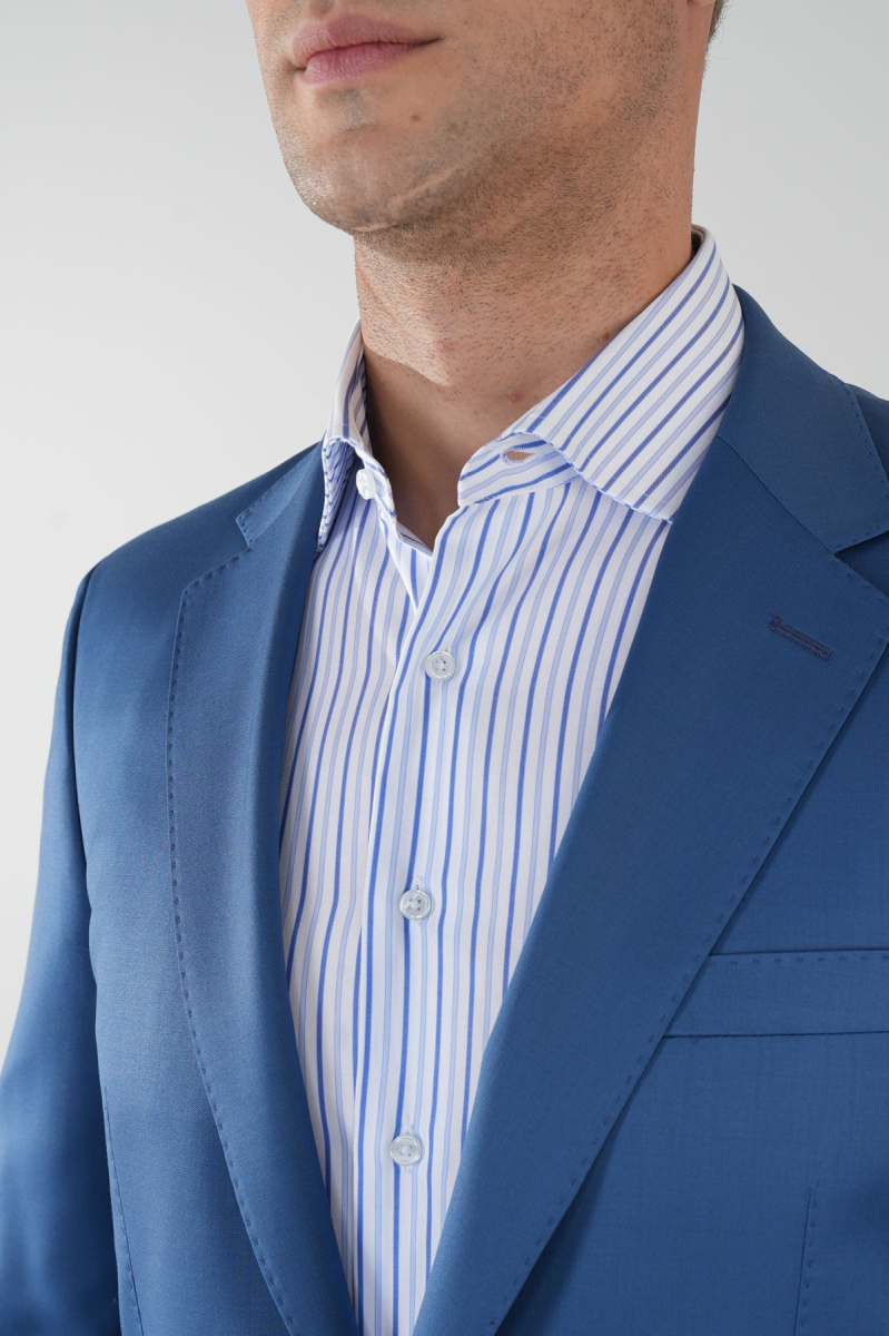 Comfort Fit Mono Yaka Drop 6 Çift Yırtmaçlı Açık Lacivert Erkek Yün Takım Elbise - 4