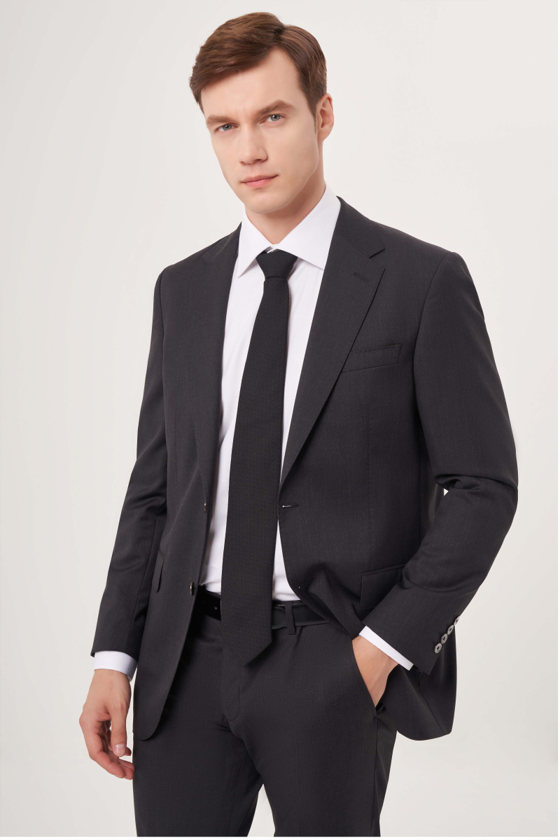 Comfort Fit Mono Yaka Drop 6 Çift Yırtmaçlı Antrasit Erkek Yün Takım Elbise - 3