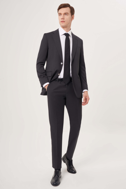Comfort Fit Mono Yaka Drop 6 Çift Yırtmaçlı Antrasit Erkek Yün Takım Elbise 