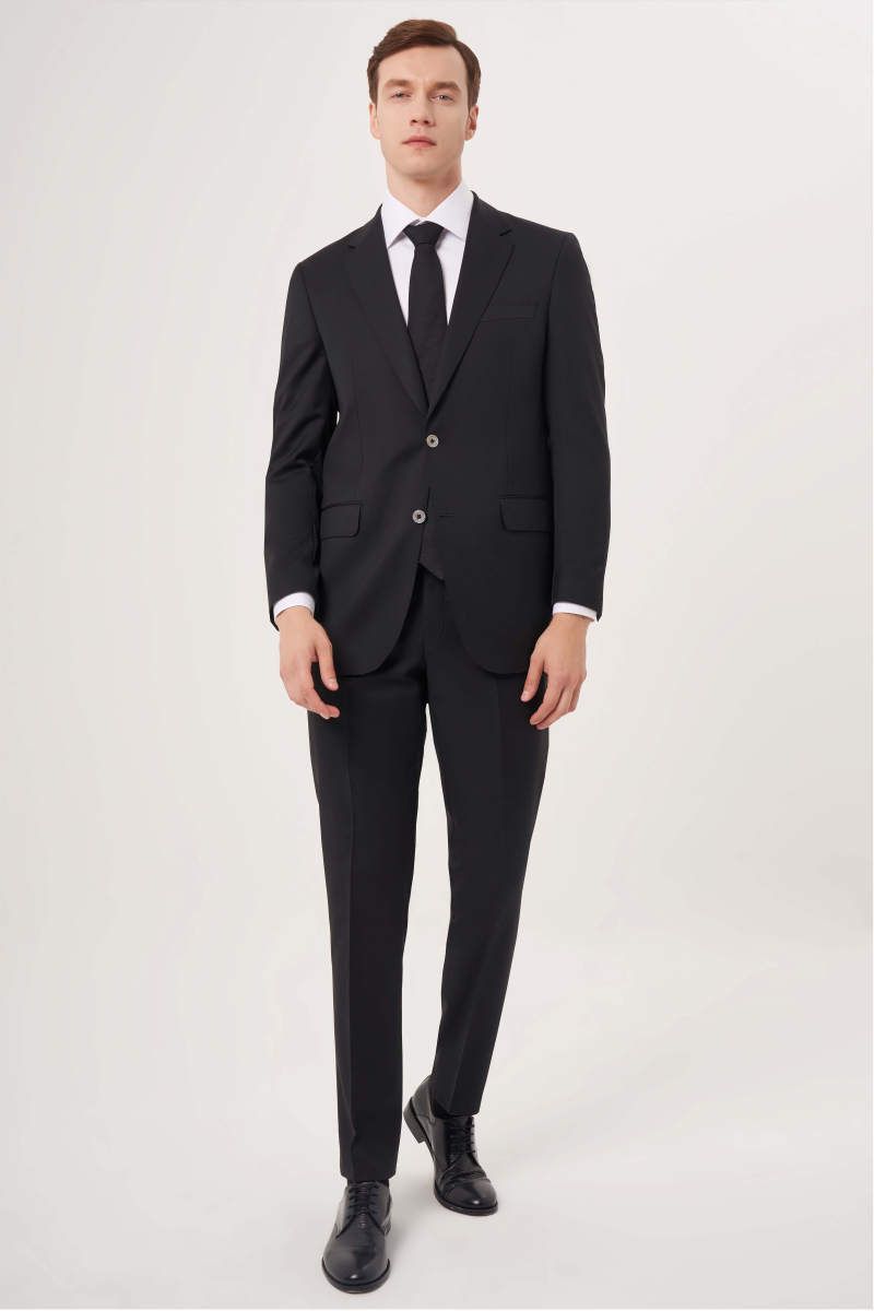Comfort Fit Mono Yaka Drop 6 Çift Yırtmaçlı Siyah Erkek Yün Takım Elbise - 6