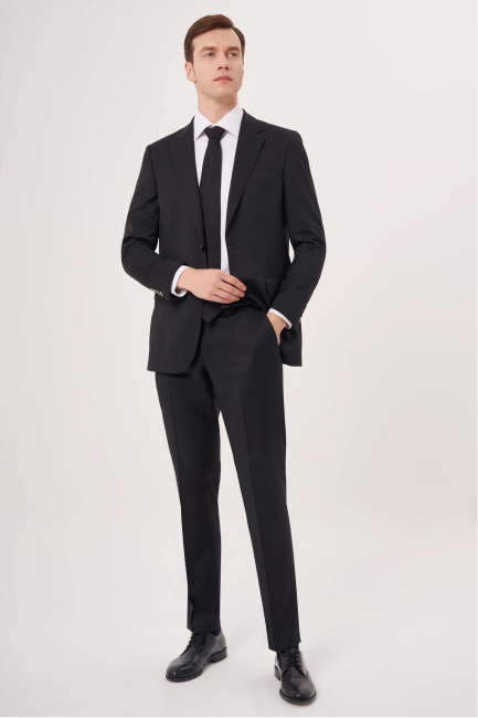 Comfort Fit Mono Yaka Drop 6 Çift Yırtmaçlı Siyah Erkek Yün Takım Elbise - 7