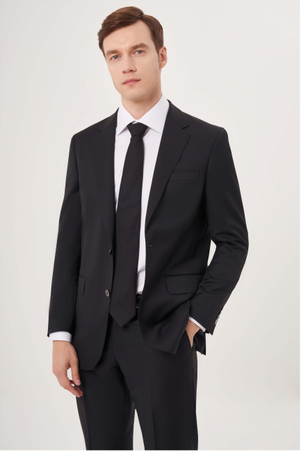 Comfort Fit Mono Yaka Drop 6 Çift Yırtmaçlı Siyah Erkek Yün Takım Elbise - 3