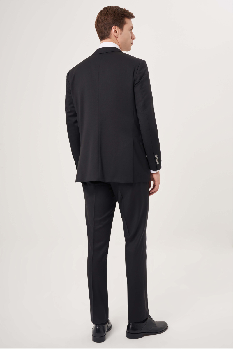 Comfort Fit Mono Yaka Drop 6 Çift Yırtmaçlı Siyah Erkek Yün Takım Elbise (1)