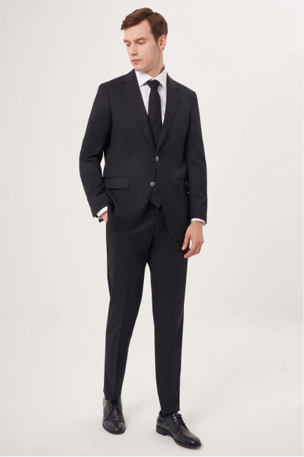 Comfort Fit Mono Yaka Drop 6 Çift Yırtmaçlı Siyah Erkek Yün Takım Elbise 