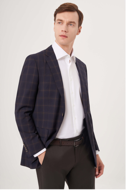 Comfort Fit Mono Yaka Lacivert Yün Erkek Ceket