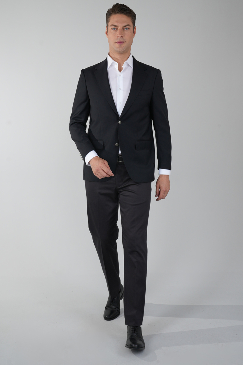 Comfort Fit Siyah Dokuma Mono Yaka Çift Yırtmaçlı 4 Drop Yün Blazer Erkek Ceket - 5