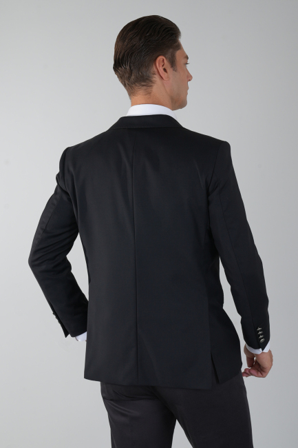 Comfort Fit Siyah Dokuma Mono Yaka Çift Yırtmaçlı 4 Drop Yün Blazer Erkek Ceket - 2