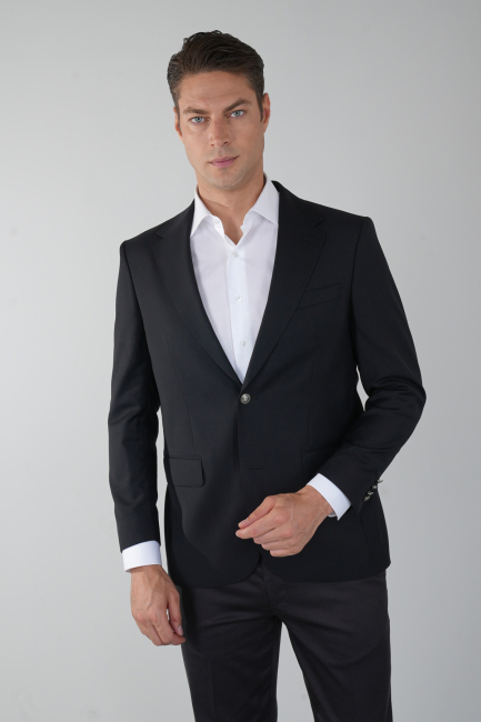 Comfort Fit Siyah Dokuma Mono Yaka Çift Yırtmaçlı 4 Drop Yün Blazer Erkek Ceket - 1