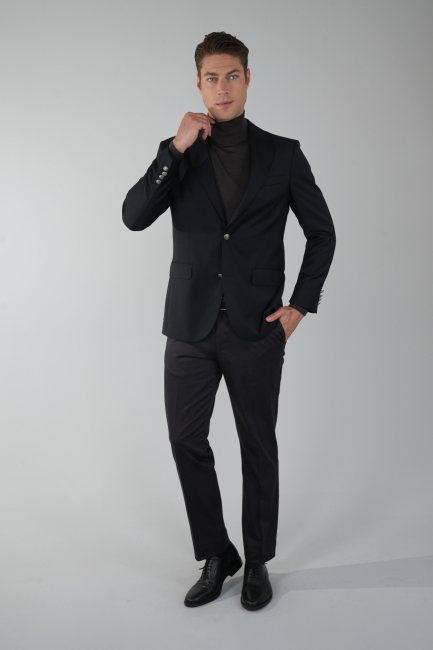 Comfort Fit Siyah Dokuma Mono Yaka Çift Yırtmaçlı 6 Drop Yün Blazer Erkek Ceket - 5