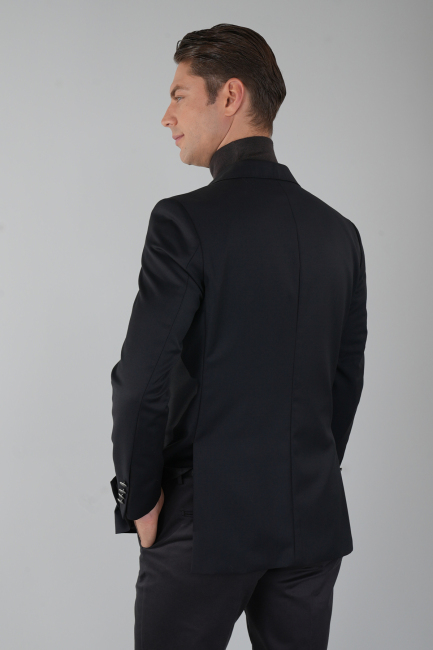 Comfort Fit Siyah Dokuma Mono Yaka Çift Yırtmaçlı 6 Drop Yün Blazer Erkek Ceket - 2